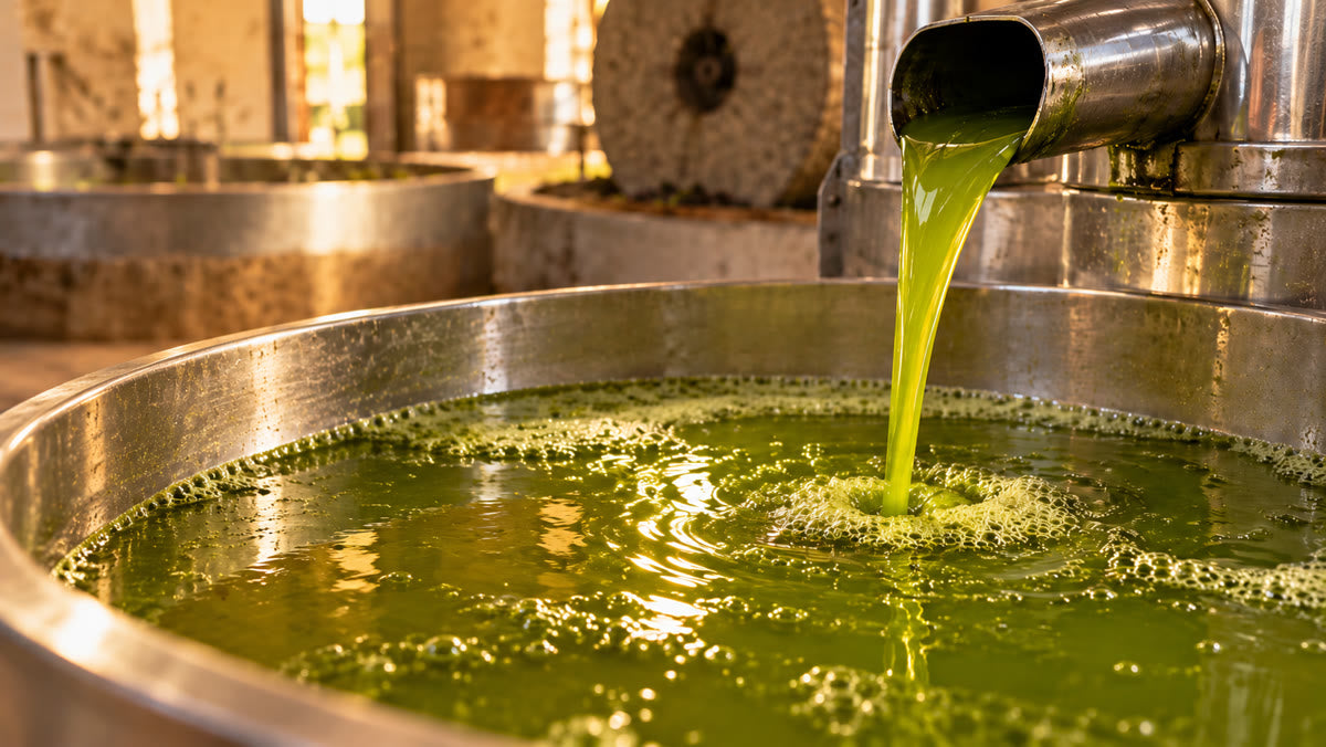 Aceite de oliva de cosecha temprana recién molido, verde intenso y sin filtrar, cayendo en la almazara