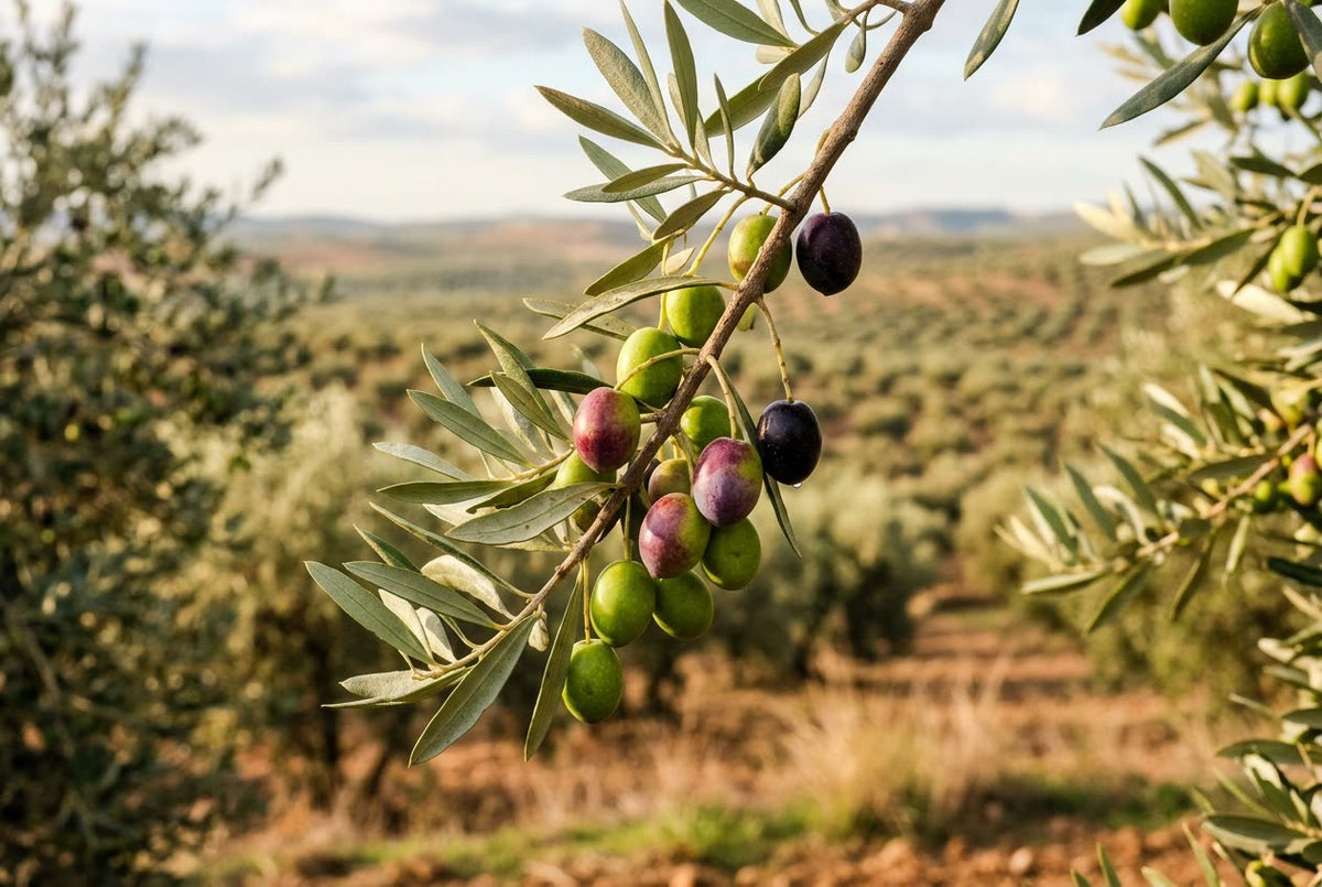 Rama de olivo en envero con aceitunas verdes, pintonas y moradas en un olivar de Córdoba