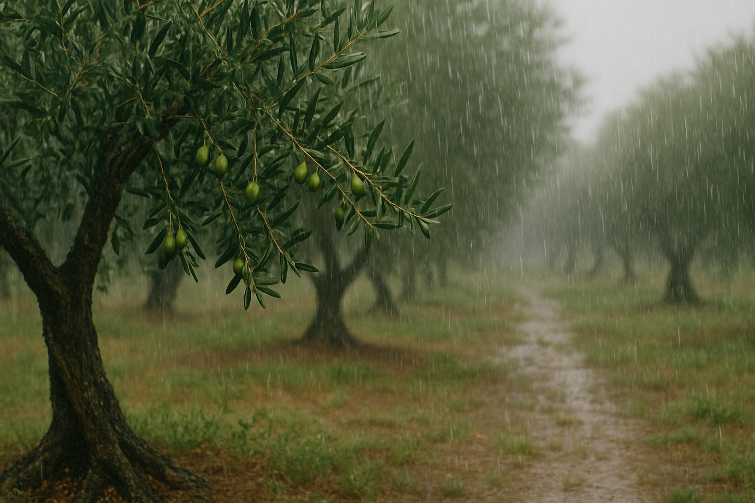 Olivos verdes bajo la lluvia con aceite de oliva virgen extra al fondo