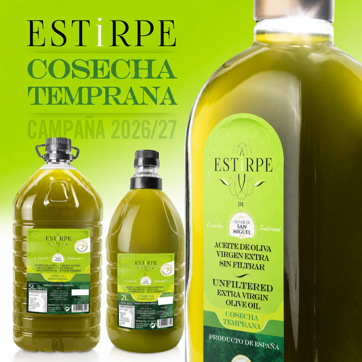 Aceite de oliva virgen extra Estirpe Cosecha Temprana sin filtrar nueva campaña